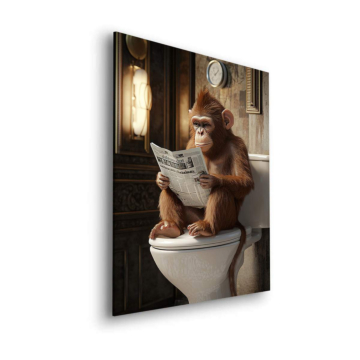 Schimpanse lesend auf Toilette - Dibond-Bild matt