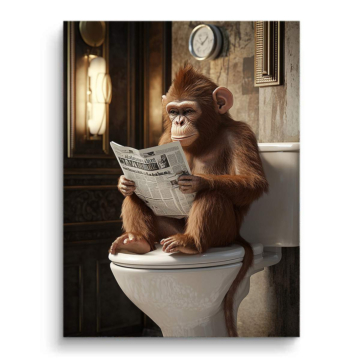 Schimpanse lesend auf Toilette - PVC-Bild matt