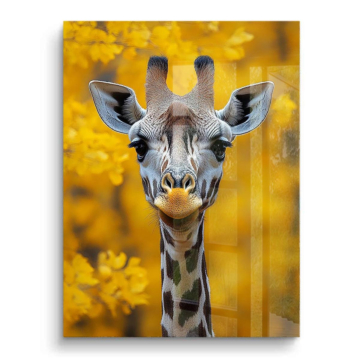 Portrait de girafe aux fleurs jaunes - tableau PVC brillant
