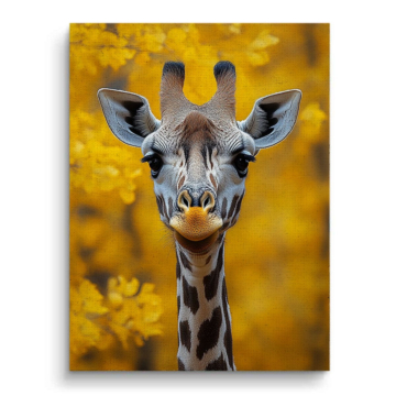 Portrait de girafe aux fleurs jaunes - tableau sur toile