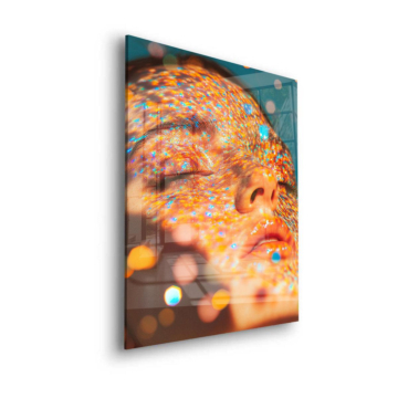 Visage paillettes gros plan - tableau en verre acrylique