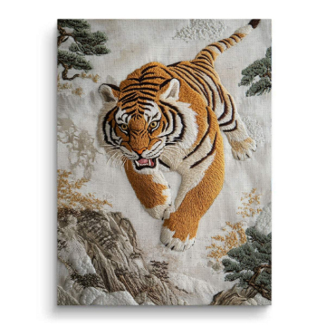 Springender Tiger als Stickerei - Leinwandbild