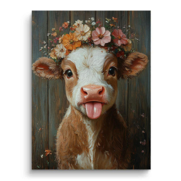 Portrait de veau à couronne de fleurs - tableau sur toile
