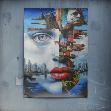 Collage surrealista de ciudad y rostro - póster