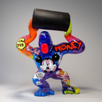 Black Gloss Large Decorative Barrel Lifting Gorilla Sculpture, 250 cm