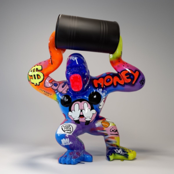 Black Gloss Large Decorative Barrel Lifting Gorilla Sculpture, 250 cm