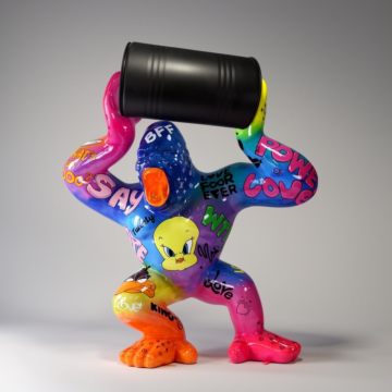 Black Gloss Large Decorative Barrel Lifting Gorilla Sculpture, 250 cm