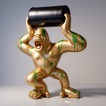 Gold Gloss Designer Interior Barrel Lifting Gorilla Sculpture, 250 cm