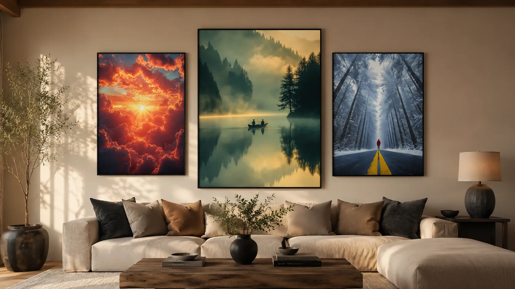 Natur-Triptychon in einem Wohnzimmer