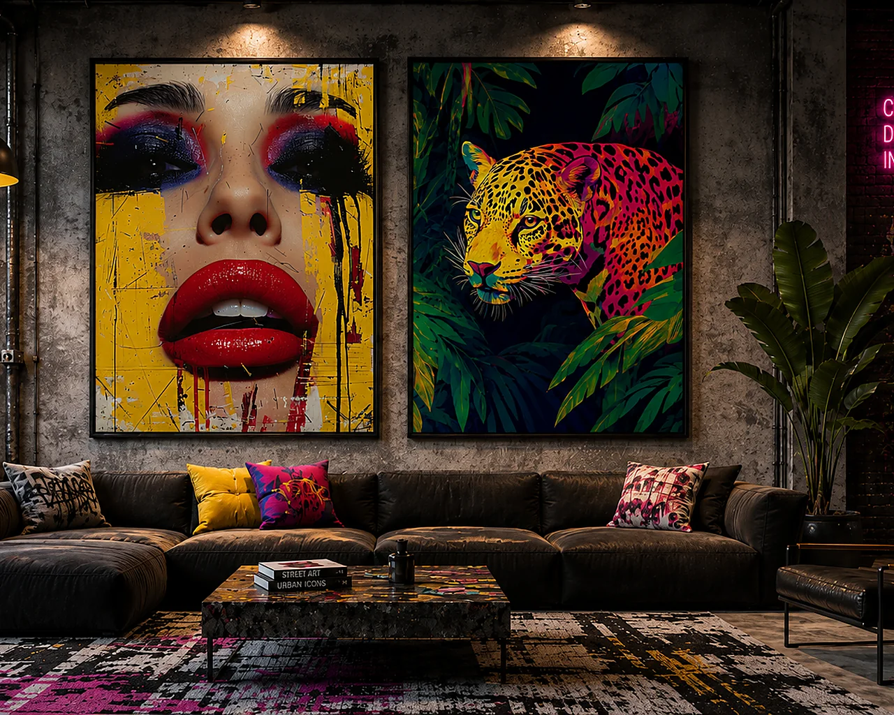 Colorful pop art prints above a bed