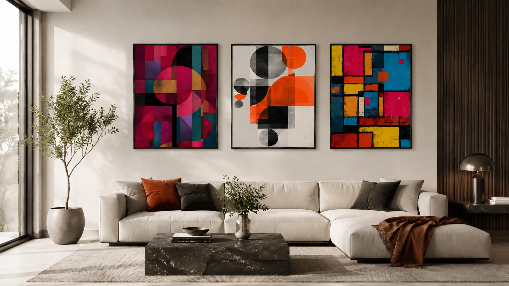 Tríptico abstracto como arte mural en un salón luminoso