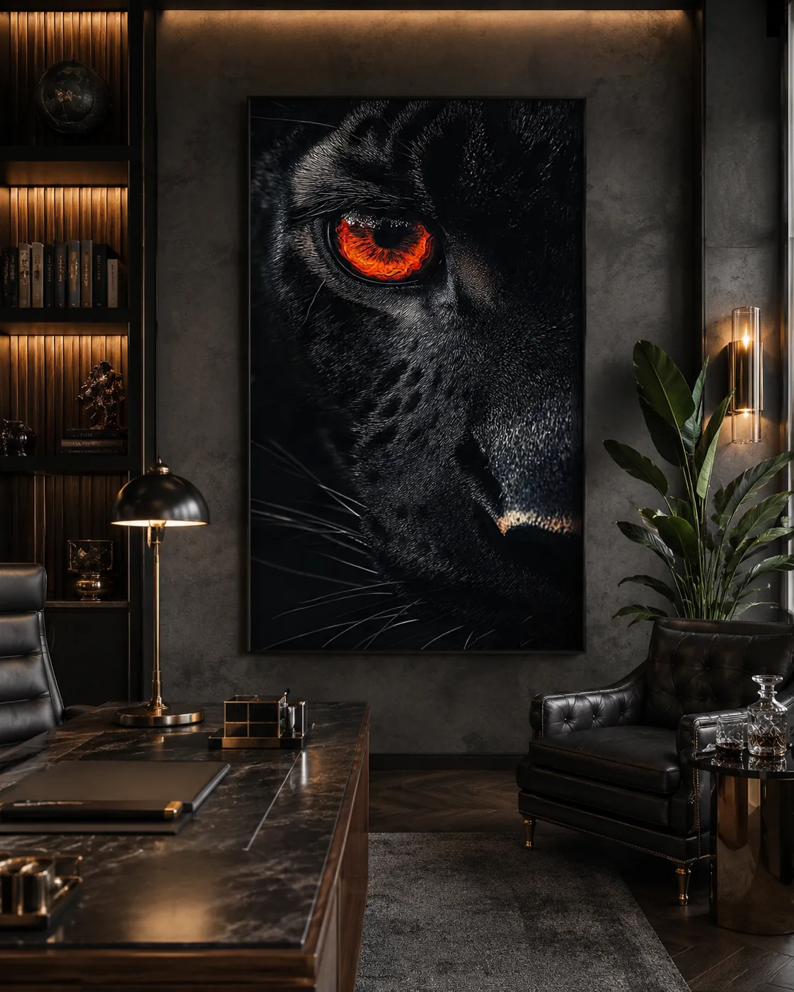 Pantera negra como arte mural en una oficina oscura